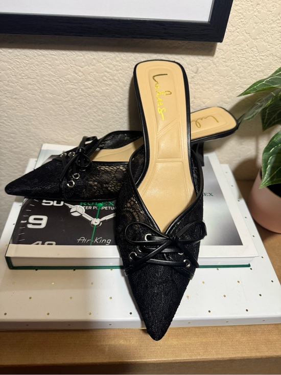 Lulus Shoes - Lulus Black Lace Pointed Toe Corset Lace Up Kitten Heel Mules